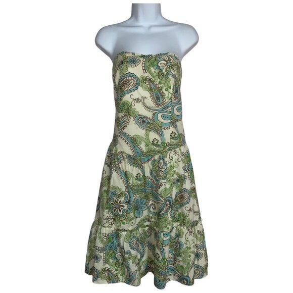 Sz.M*I.N. San Francisco*Green/Tan Floral Paisley-Print Strapless Midi Dress - Picture 1 of 8